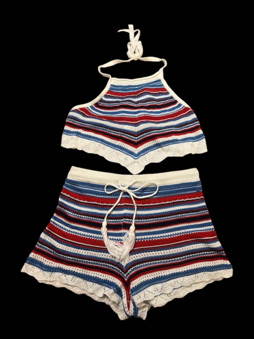 Striped Crochet Halter Top & Shorts Set - Red Blue White